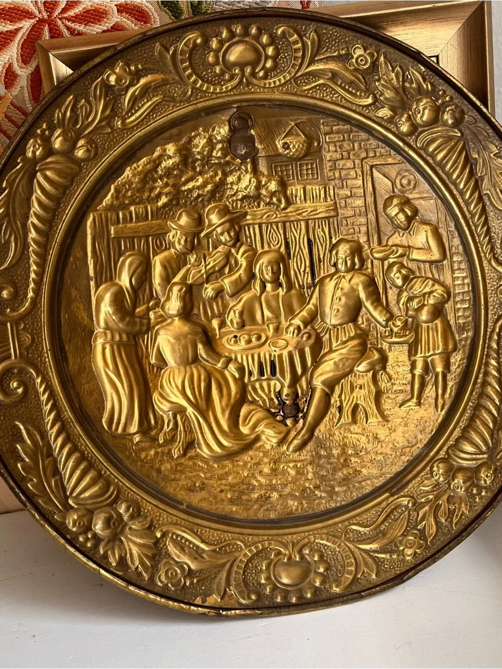 Vintage English embossed decorative Brass wall hanging plates set of 2